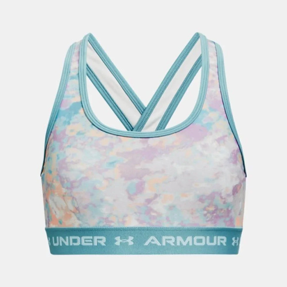 Girl's Under‎ Armour Crossback Mid Printed Sports Bra Youth White Opal Blue Sky - Picture 1 of 6